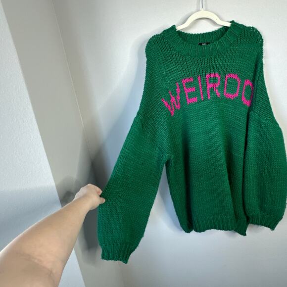 DRESSED IN LALA I’m A Weirdo Slouchy Knit Sweater Green Pink Chunky Small Medium - Picture 6 of 8